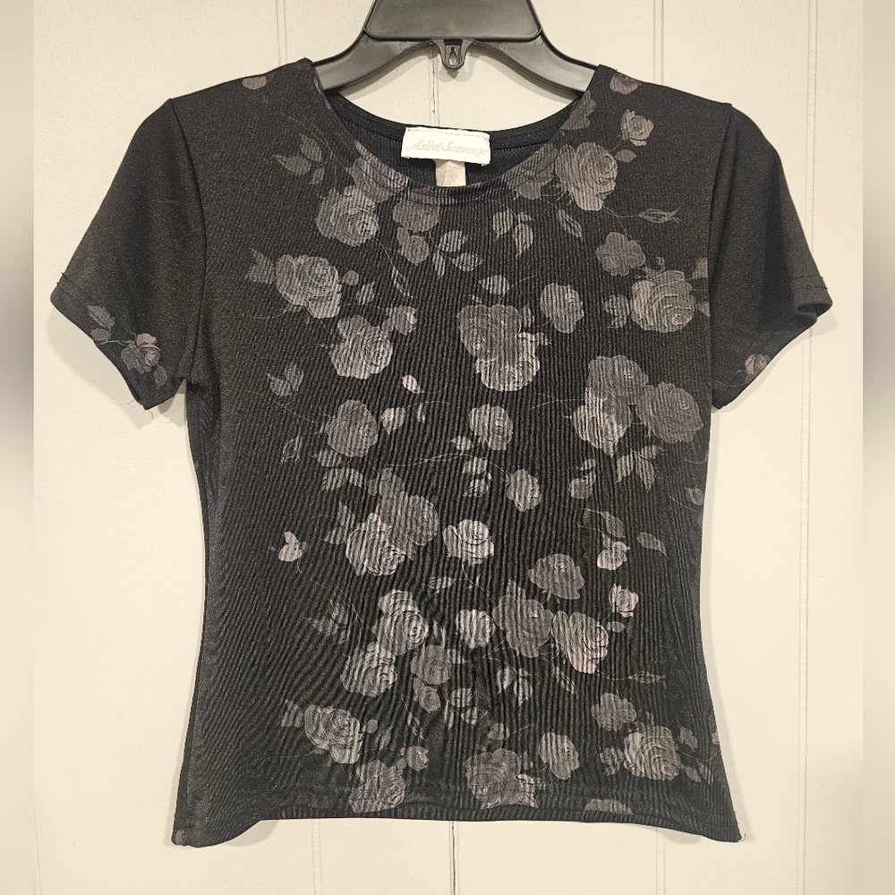 Andre Sauvage Blouse Womens Small Black Tan Floral Gothic Roses Top Made In USA